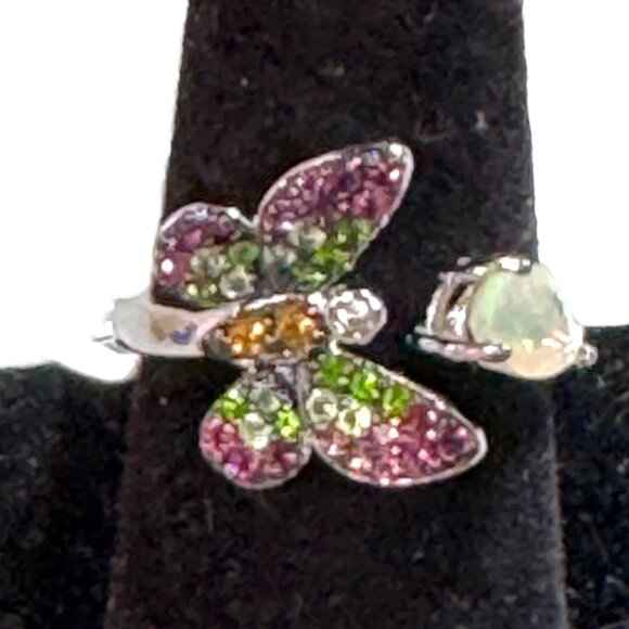 Butterfly Opal & Multicolor Rhinestone Gemstone Open Sterling Silver Ring Size 9 - Picture 1 of 10